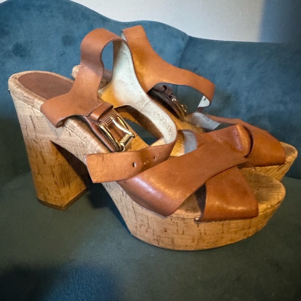 Michael Kors Tan Brown Leather Cork Platform Sandals